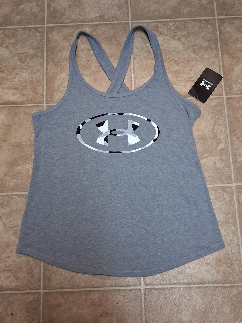Under Armour Gray Crossback Tank Top with Camo Logo NWT
